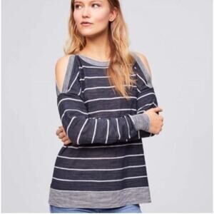 LOFT gray white stripe cold shoulder sweater long sleeve